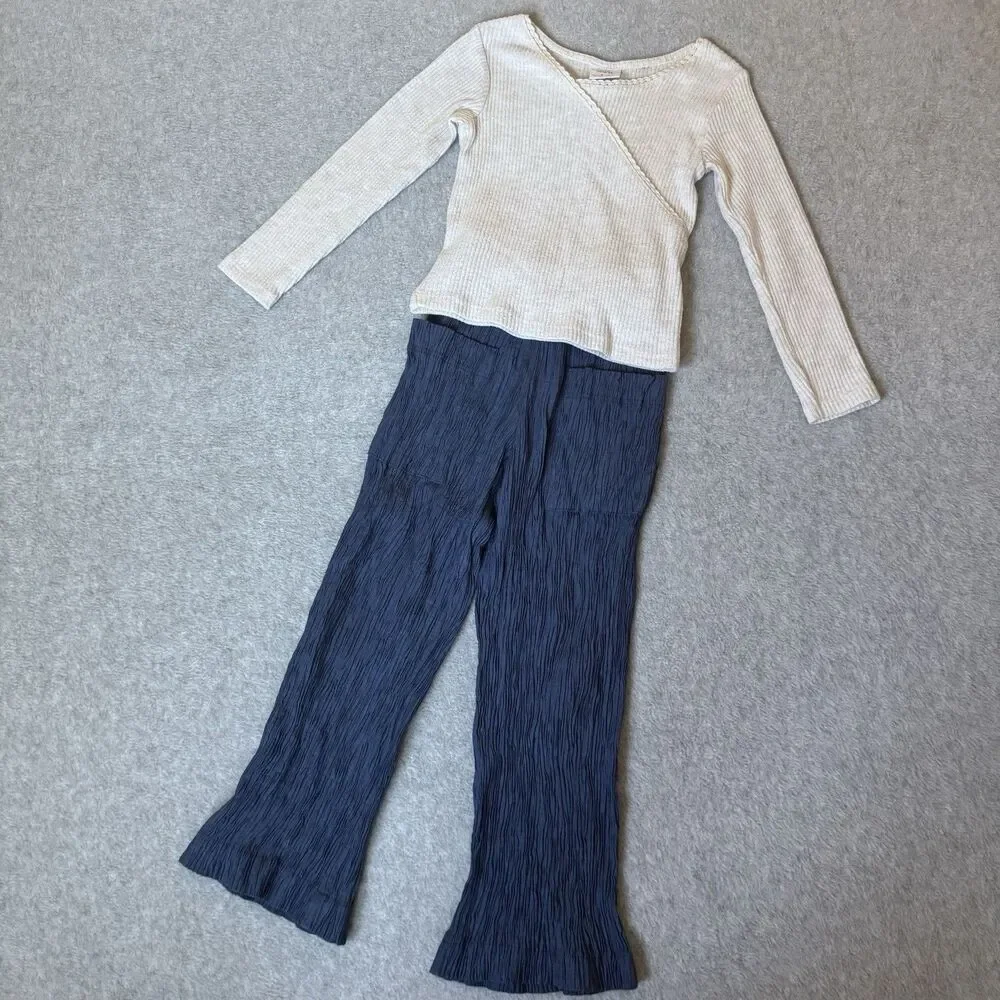 Zara Girls Flare Pants Size 6 Blue Crinkle Pullover Beige Long Sleeve Top Bundle